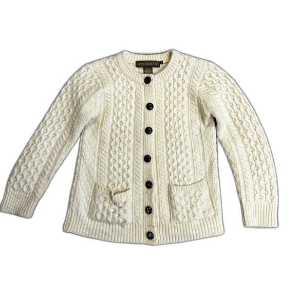 VTG Inis Crafts Ireland Ivory Merino Wool Fisherman Cable Knit Cardigan Size XS - Picture 2 of 12